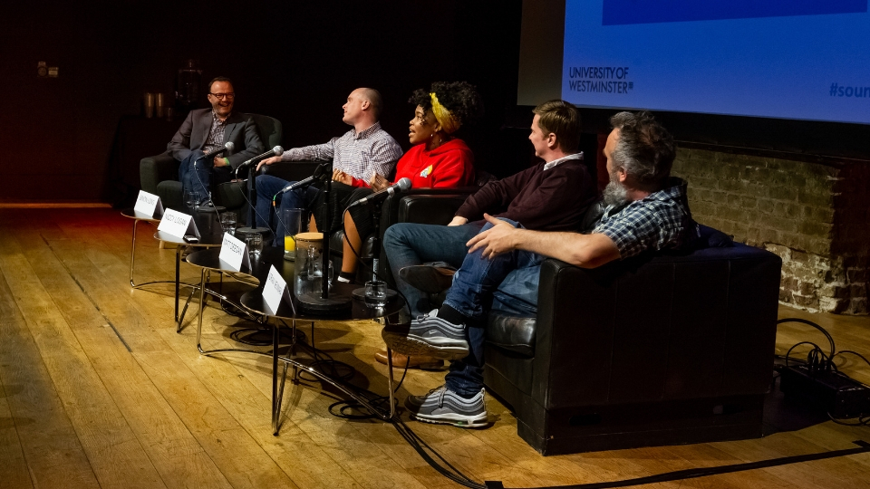 Matthew Linfoot chairs a panel including Simon Long, Niccy Logan, Matt Deegan and Adrian Newman from Reprezent Radio