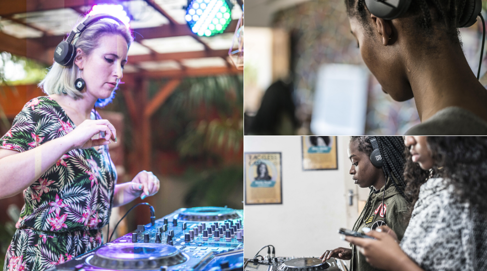 Composite: Emily DJing, young female DJs practicing at the decks